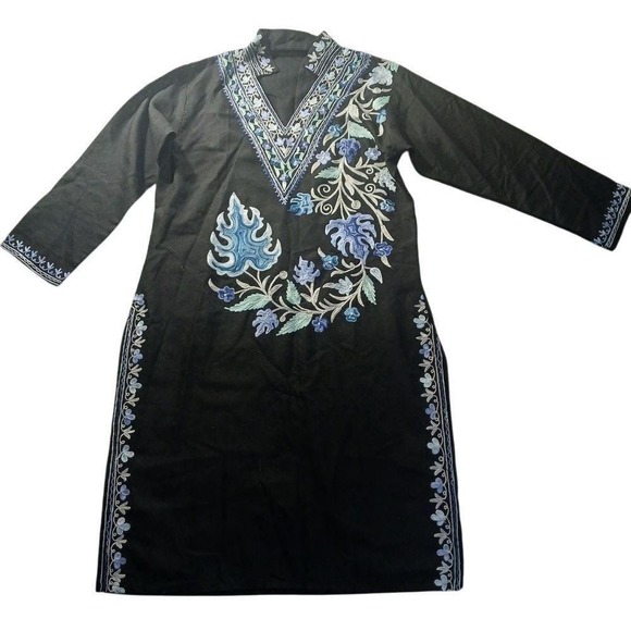Handmade Tops - Handmade Floral Embroidered Kurti Tunic Womens Black Long Sleeve Boho Top Fits M